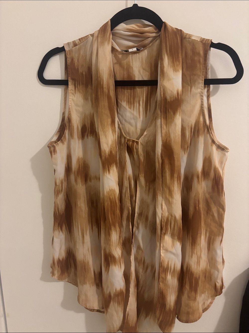 Bar III Brown and Cream Tie-Dye Scarf-Neck Sleeveless Top